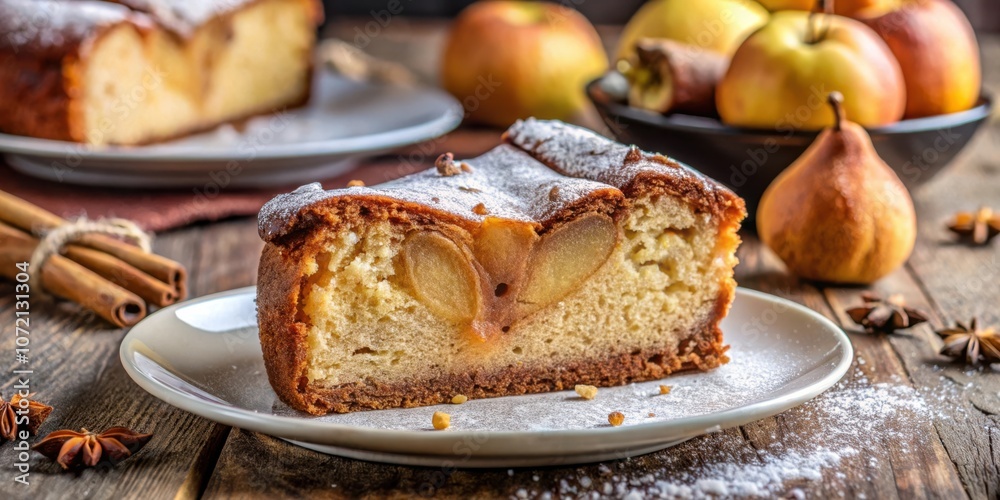 Poster a slice of apple cake dusted with powdered sugar, served on a white plate with cinnamon sticks and s