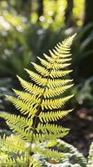 A single fern frond with delicate green fronds in sunlight.
