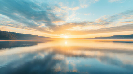 A serene sunrise over a calm lake with a mirrored reflection of the clouds and golden light.