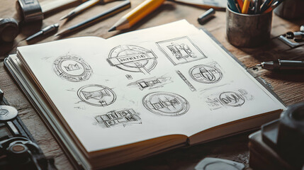 A sketchbook open on a wooden table with hand-drawn logo designs in pencil.