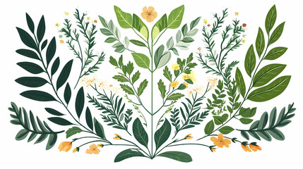 A symmetrical arrangement of green leaves and yellow flowers on a white background.