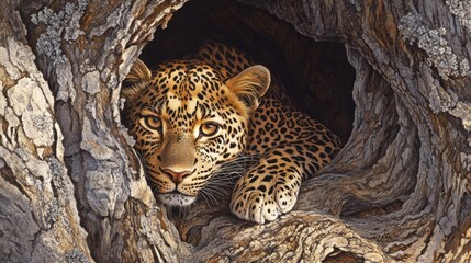 Leopard Lurking in Tree Trunk