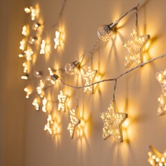 Cozy warm white star Christmas string lights decorating an interior wall, providing festive winter holiday ambiance.