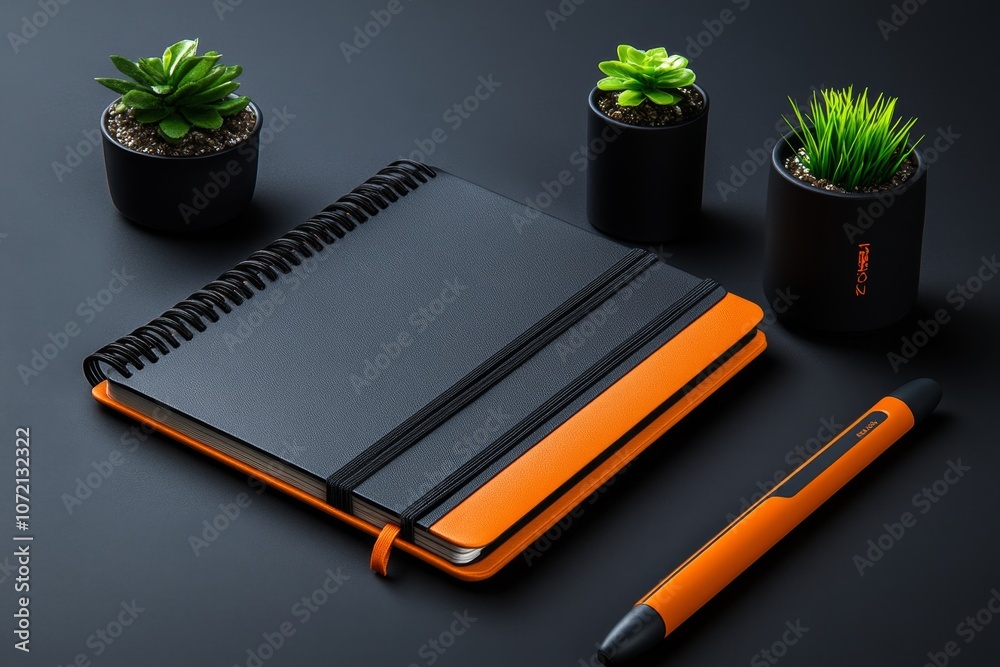 Aufkleber flat lay of design tools in a minimalist style, including a stylus, notebook, and small plants