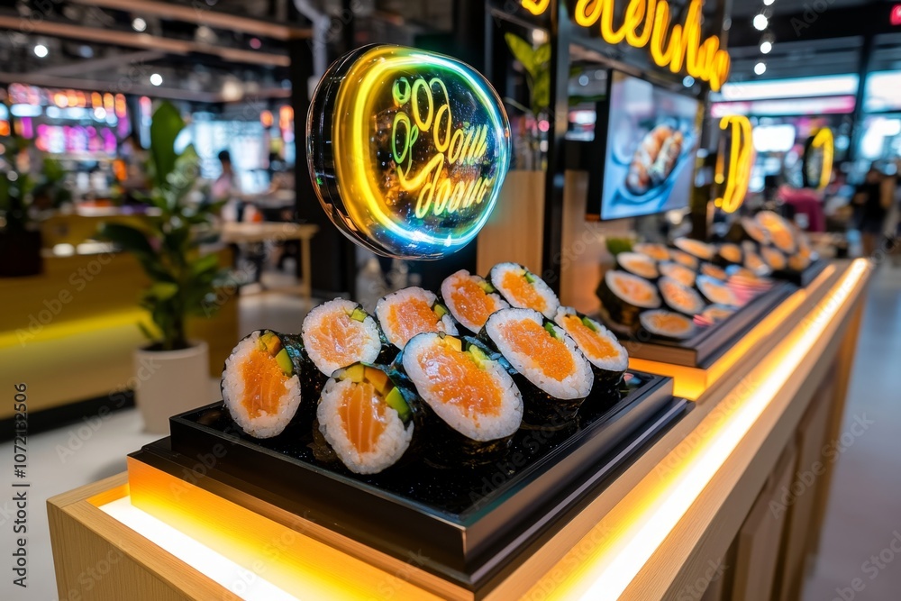 Poster futuristic food display with holographic sushi hovering over a neon-lit table