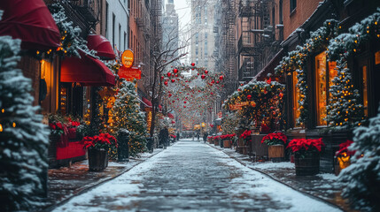 Fototapeta premium photo of street in new york decorated for christmas, new year decor, architecture, road, city, xmas