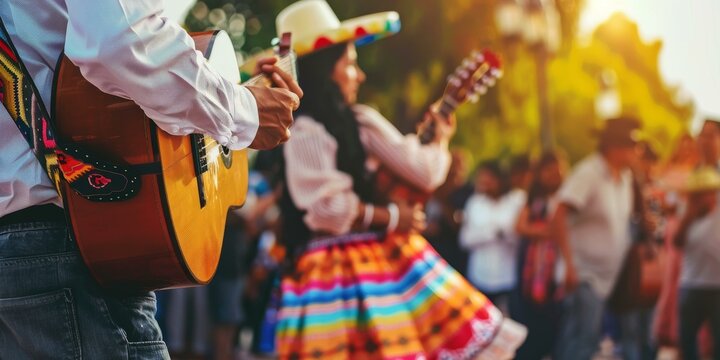 A group of people dancing and playing music in a Latin American festival
