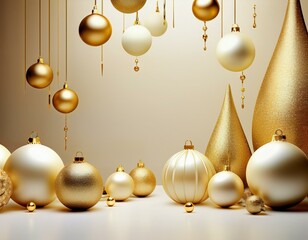 Elegant 3D Christmas Background in White and Gold with Christmas Balls and Ornaments