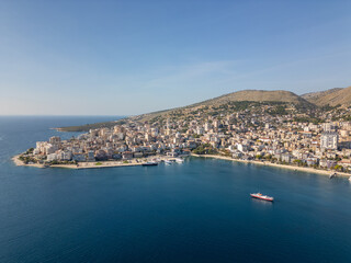 Obraz premium Aerial drone photo of the coastal city of Sarandë in Albania.