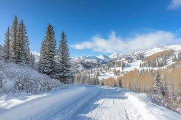 Obraz premium Snowy winter landscape with mountains and trees