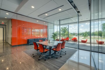 Modern conference room designed with glass walls and vibrant orange accents, overlooking a green landscape in a corporate office