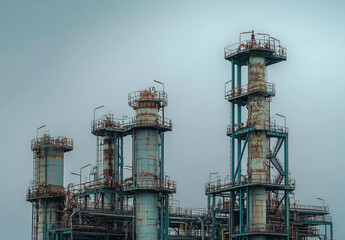 A large industrial plant with many tall structures. The sky is cloudy and the atmosphere is industrial