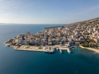 Obraz premium Aerial drone photo of the coastal city of Sarandë in Albania.
