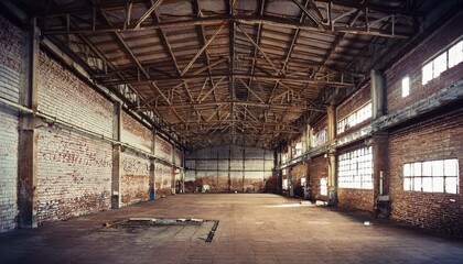 Nave industrial abandonada: Un interior grunge de una f&aacute;brica oscura y vac&iacute;a con paredes de ladrillo blanco sucio, metal vintage y acero oxidado, creando un espacio grande y espeluznante.
