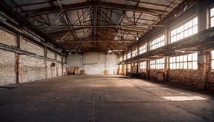Nave industrial abandonada: Un interior grunge de una f&aacute;brica oscura y vac&iacute;a con paredes de ladrillo blanco sucio, metal vintage y acero oxidado, creando un espacio grande y espeluznante.