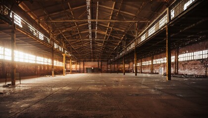 Fototapeta premium Nave industrial abandonada: Un interior grunge de una fábrica oscura y vacía con paredes de ladrillo blanco sucio, metal vintage y acero oxidado, creando un espacio grande y espeluznante.