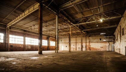 Nave industrial abandonada: Un interior grunge de una f&aacute;brica oscura y vac&iacute;a con paredes de ladrillo blanco sucio, metal vintage y acero oxidado, creando un espacio grande y espeluznante.