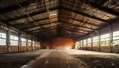 Nave industrial abandonada: Un interior grunge de una f&aacute;brica oscura y vac&iacute;a con paredes de ladrillo blanco sucio, metal vintage y acero oxidado, creando un espacio grande y espeluznante.