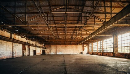 Nave industrial abandonada: Un interior grunge de una f&aacute;brica oscura y vac&iacute;a con paredes de ladrillo blanco sucio, metal vintage y acero oxidado, creando un espacio grande y espeluznante.