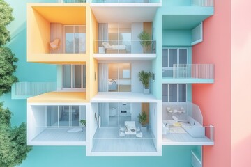 A colorful, modern architectural design featuring multiple interconnected living spaces with balconies and lush greenery surrounding them.