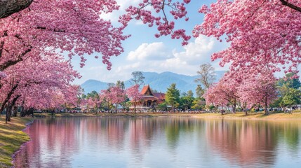Serene Lake Surrounded by Pink Cherry Blossoms