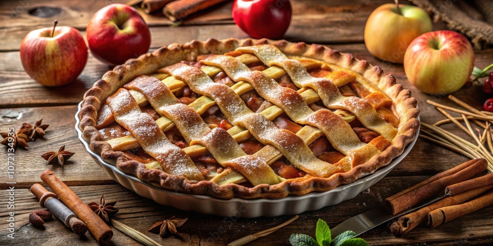 Poster a golden brown lattice-top apple pie with a sprinkle of powdered sugar, surrounded by fresh apples a