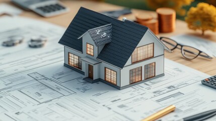 A small model house sits on top of blueprints and documents, surrounded by glasses and coins, symbolizing real estate and property planning.