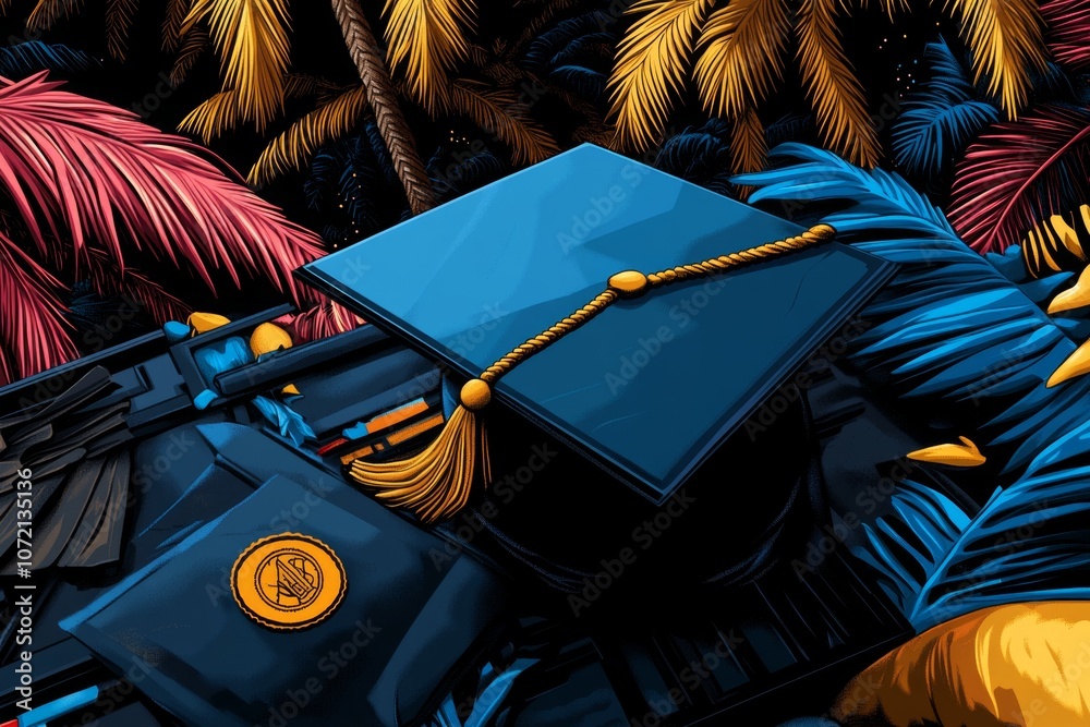 Poster pixel art of a graduation cap and diploma, with vibrant 8-bit colors and simple retro design