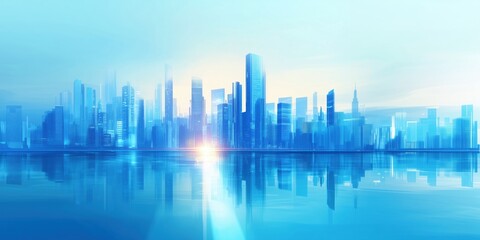 Obraz premium Futuristic city skyline reflection, blue tones, modern architecture, serene water