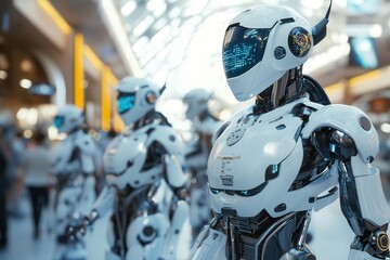 Fototapeta premium AI-driven robots with digital graphic in the city.
