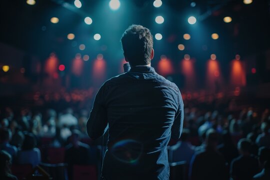 Man standing on stage giving a speech in front of a large audience