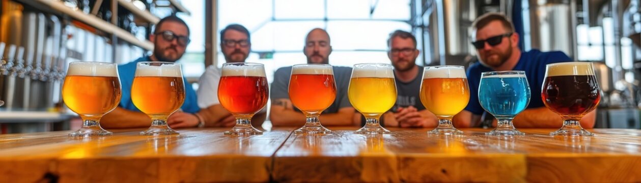 A beer tasting session in a brewery, with brewers discussing flavor profiles and brewing techniques