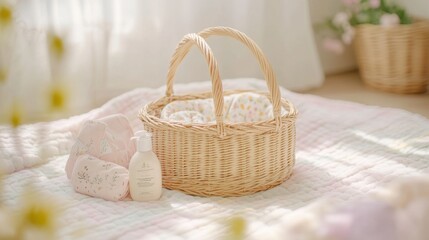 Cozy Natural Setting with a Woven Basket Housing Soft Textiles, Pocket-Sized Skin Care Products, and Warm Lighting for a Relaxing Atmosphere
