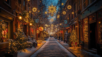 photo of street in new york decorated for christmas, new year decor, architecture, road, city, xmas