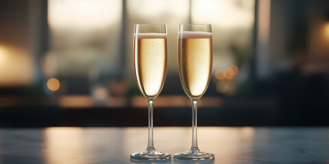 Celebratory champagne for the New Year, with bokeh lights background