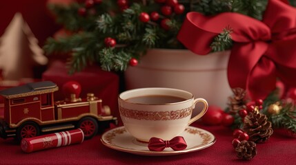 Fototapeta premium A cup of coffee sits on a red tablecloth amongst Christmas decorations.