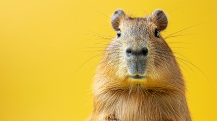 A cute capybara staring at the camera with a yellow background