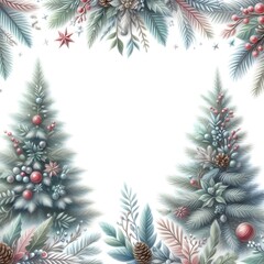 흰 배경, 크리스마스 트리 프레임, 테두리, 카드, 표지 (White background, Christmas tree frame, border, card, cover)