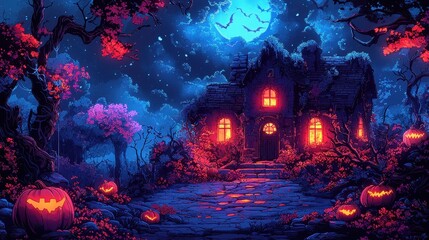 Fototapeta premium Colorful Groovy Cartoon Haunted Exploration Scene