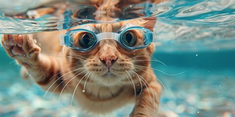 Cat wearing swimming goggles swims underwater