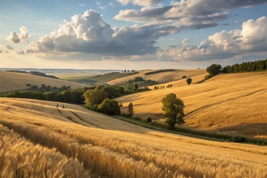 Golden Wheat Fields Under a Blue Sky in Poltava, Ukraine - Impressionist Rural Landscape Scene