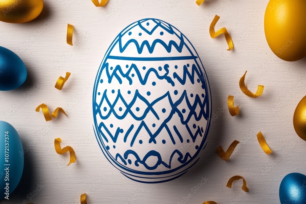 Poster Simple line drawing of an Easter egg with small dots and patterns, set against a white background