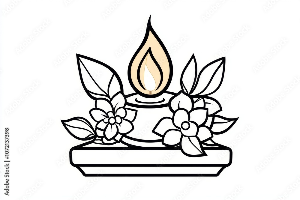 Poster single line drawing of a krathong with a small flame and a few flowers, in a simple, elegant style