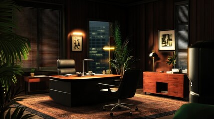 Fototapeta premium Sophisticated office space with dark tones and warm lighting