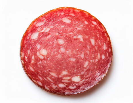 Round slice of salami isolated on white background 
