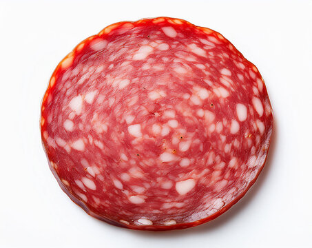 Round slice of salami isolated on white background 