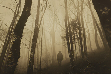 A figure walking through a foggy forest at dawn, with silhouetted trees and a vintage sepia film effect.