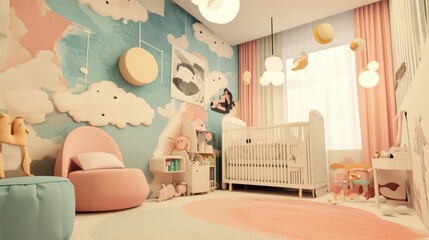 Stylish nursery design with pastel colors and playful decor