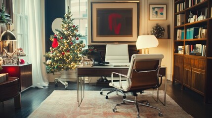 Open-plan home office with holiday decor touches