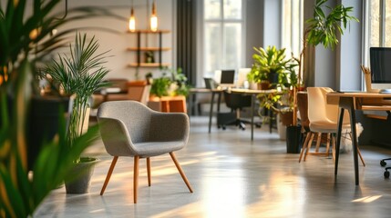 Sophisticated office design with neutral colors and plants